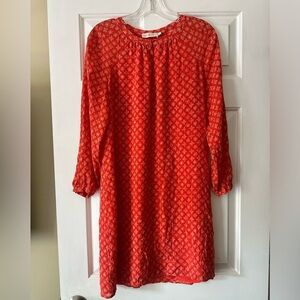 Tory Burch Orange and white boho silk shift dress with long sleeves. Size 8.